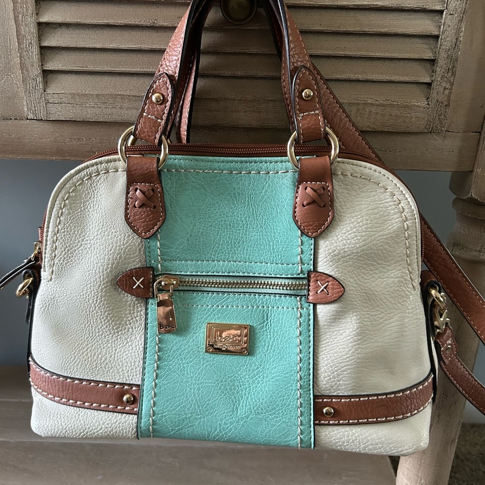 Women’s Satchel Bag in Aqua, White & Brown - Classic Structured Carry